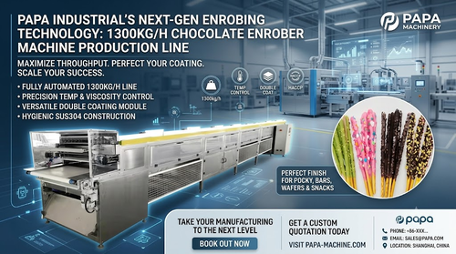 أخبار الشركة الأخيرة عن Papa Industrial Launches High-Capacity 1300kg/h Double Coating Chocolate Enrober Machine Line